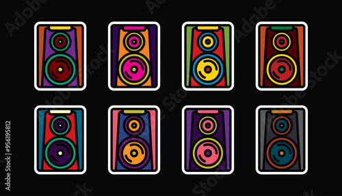 Original vector icon set in vintage style. Large music speaker.