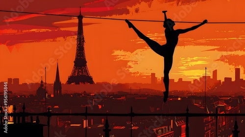 A gymnast performing on the high bar, with the Eiffel Tower in the background, captured in sleek vector graphics.