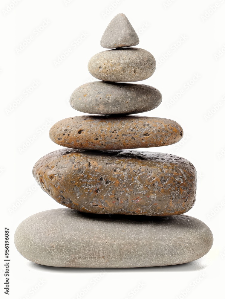 A pyramid of three smooth Zen stones rests on a pristine white background. A pyramid of three smooth Zen stones rests on a pristine white background.