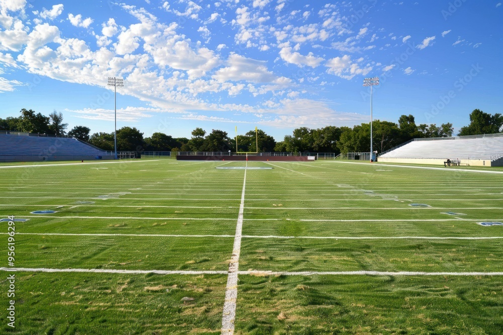 Obraz premium Empty Football Field Under Bright Blue Sky