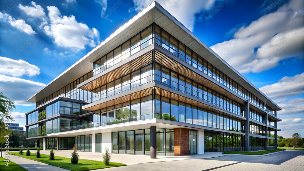Modern corporate building with glass facade reflecting sunset glow Sleek glass building with reflecting pool in urban setting Modern corporate building with glass facade reflecting sunset glow Sleek glass building with reflecting pool in urban setting