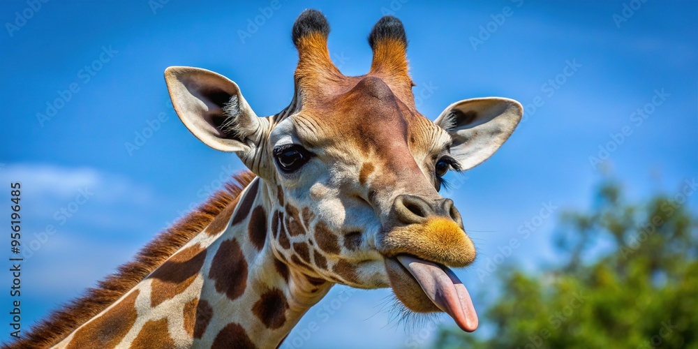 Obraz premium A giraffe's long, blue-black tongue dangles in front of its face, its rough, papillae-infused surface glistening with dew and hinting at its herbivorous habits.