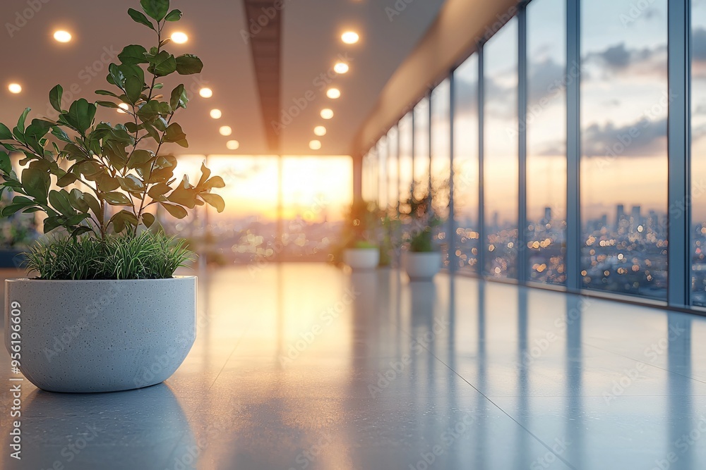 A modern office interior featuring beautiful lighting and panoramic windows, ideal for Business branding, presentations, or workspace design with copy space. A modern office interior featuring beautiful lighting and panoramic windows, ideal for Business branding, presentations, or workspace design with copy space.