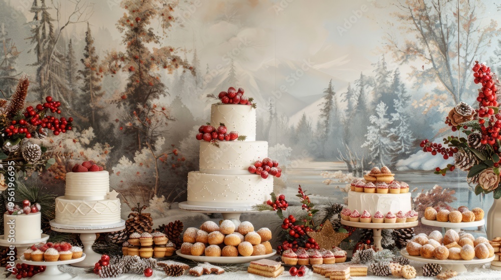 Fototapeta premium Festive holiday dessert table featuring cakes, cookies, and other treats with a seasonal backdrop