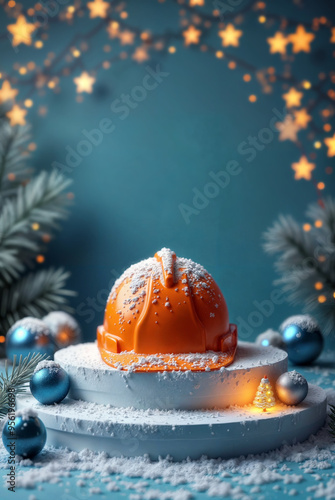 Construction helmet on snowy podium in christmas forest, festive atmosphere, place for product display or advertising. Generative AI photo