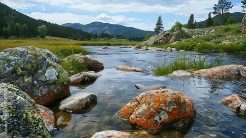 Fototapeta Naklejka Na Ścianę i Meble -  Pan look at a river lake or shoreline with boulders