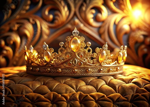 A golden tiara adorned with intricate carvings rests on a velvet cushion, surrounded by delicate frames, emitting a soft aura of mystery. photo