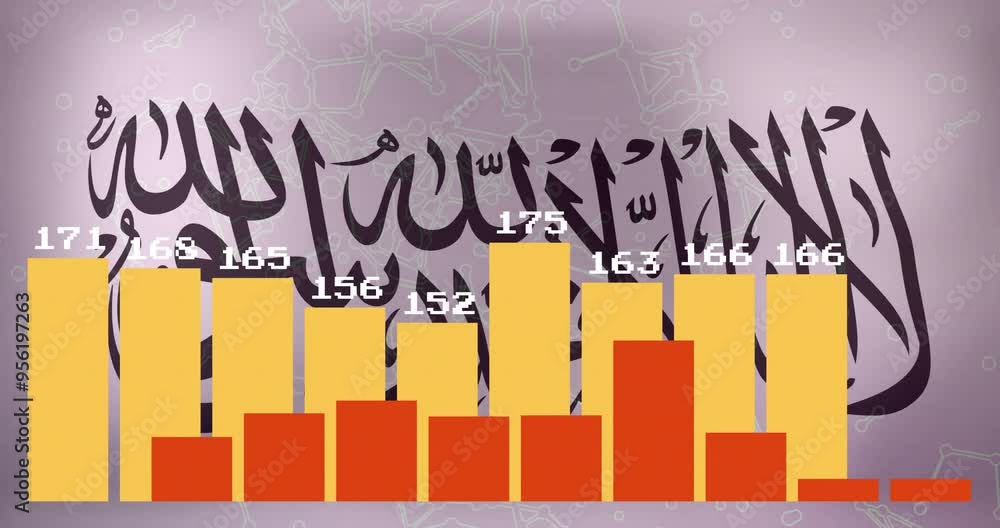 Bar chart animation over Arabic calligraphy and abstract background