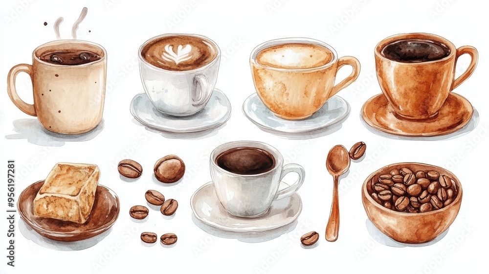 Artistic set of vector coffee beans and coffee cup drinks isolated on brown background,hand-drawn vector,hot coffee drinks,cafe shop,modern flat design,Fashionable and cute coffee motif concept. Artistic set of vector coffee beans and coffee cup drinks isolated on brown background,hand-drawn vector,hot coffee drinks,cafe shop,modern flat design,Fashionable and cute coffee motif concept.