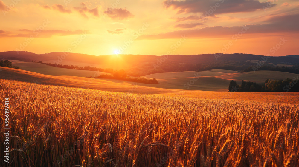 Golden wheat fields illuminated by the warm glow of a sunset on a tranquil evening in the countryside Golden wheat fields illuminated by the warm glow of a sunset on a tranquil evening in the countryside