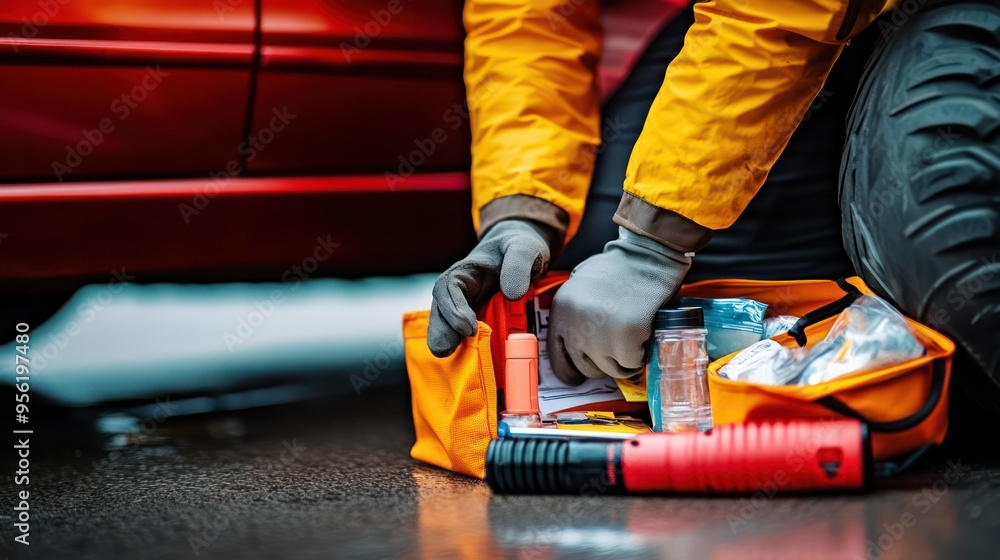 A compact emergency kit being prepared for a car, including a tire repair kit, flashlight, and emergency contact information. A compact emergency kit being prepared for a car, including a tire repair kit, flashlight, and emergency contact information.