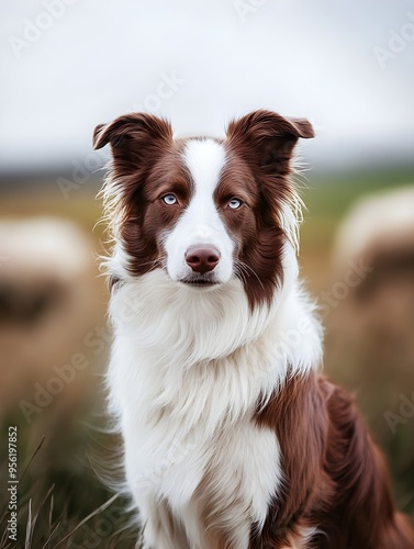 A brown and white border collie dog with sheep in the background