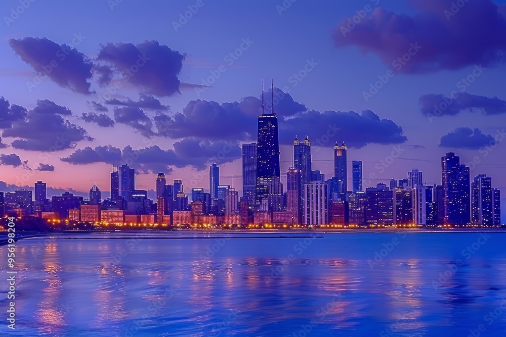 Fototapeta premium Stunning Chicago skyline viewed at sunset. The reflection on the water creates a serene atmosphere. A perfect blend of urban life and natural beauty. Generative AI