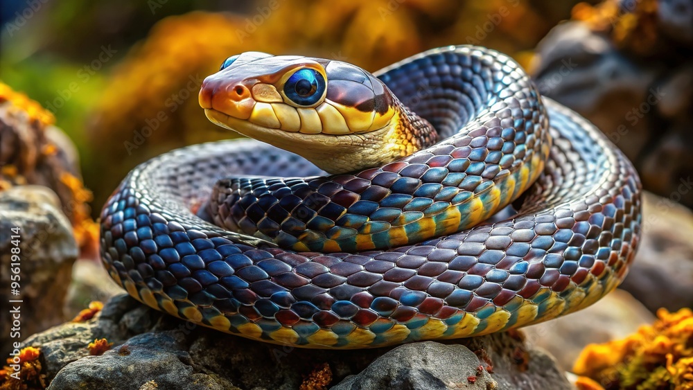 A hooded snake coils menacingly on a rocky outcropping, its dark brown and yellow markings blending with the shadows, scales glistening in sunlight. A hooded snake coils menacingly on a rocky outcropping, its dark brown and yellow markings blending with the shadows, scales glistening in sunlight.