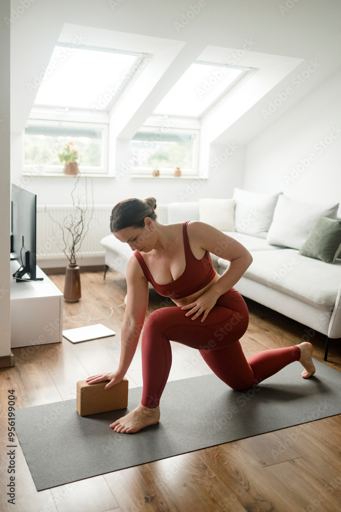Determined woman exercising with yoga block at home Determined woman exercising with yoga block at home