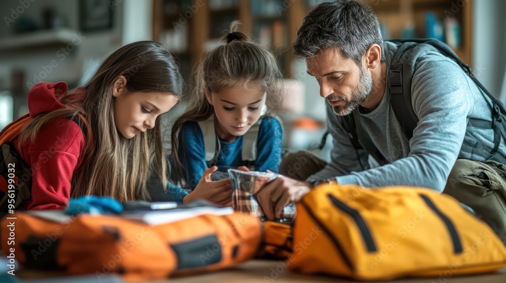 Fototapeta premium A family practicing emergency drills, with their emergency kit prominently displayed, emphasizing preparedness and readiness.