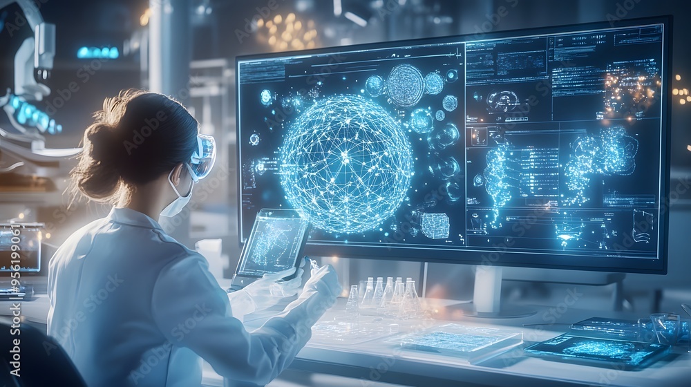 Scientist Working With Holographic Data In A Modern Lab. Scientist Working With Holographic Data In A Modern Lab.