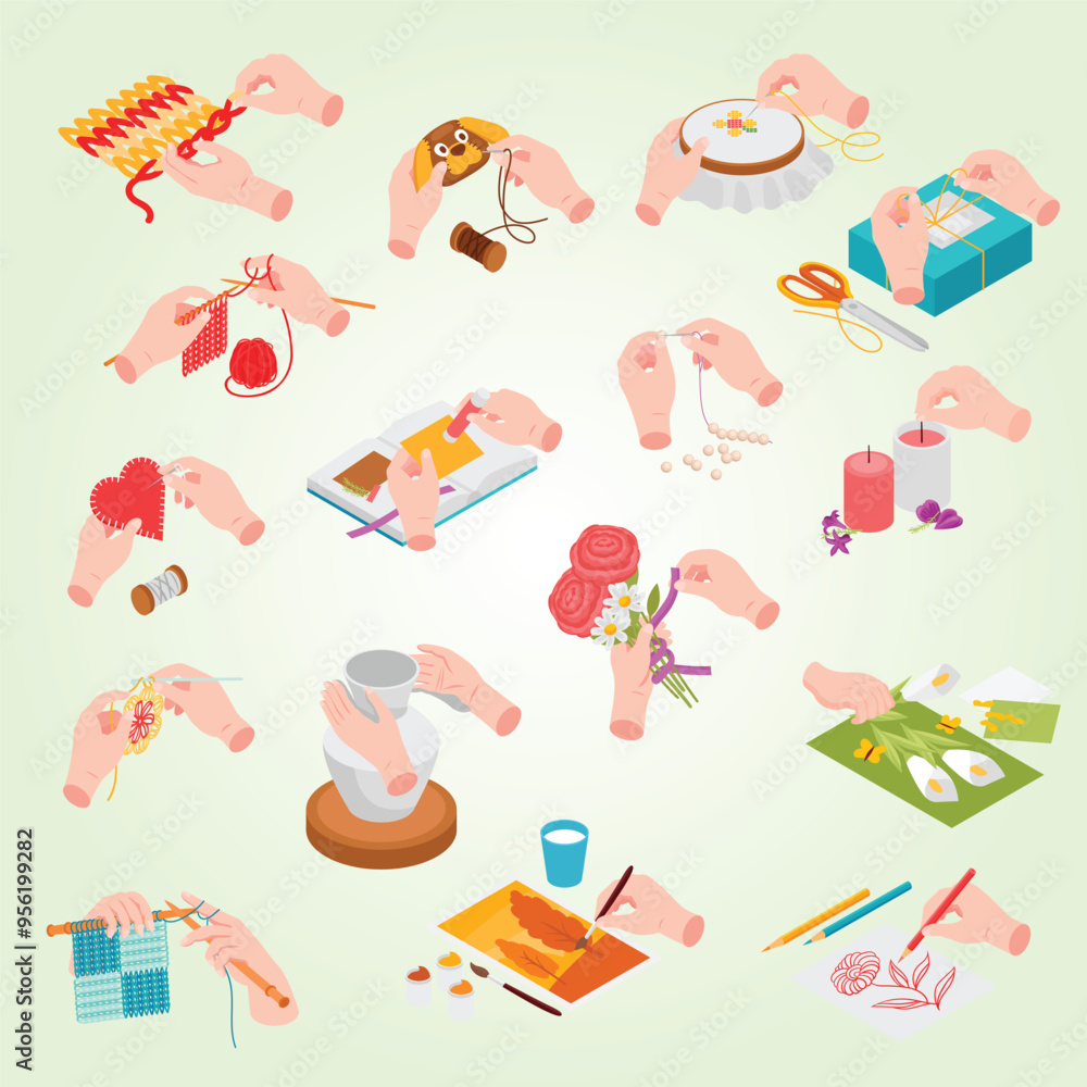 Isometric craft handmade hobbies icon set with candle making sewing embroidery floristry knitting drawing collage vector illustration Isometric craft handmade hobbies icon set with candle making sewing embroidery floristry knitting drawing collage vector illustration