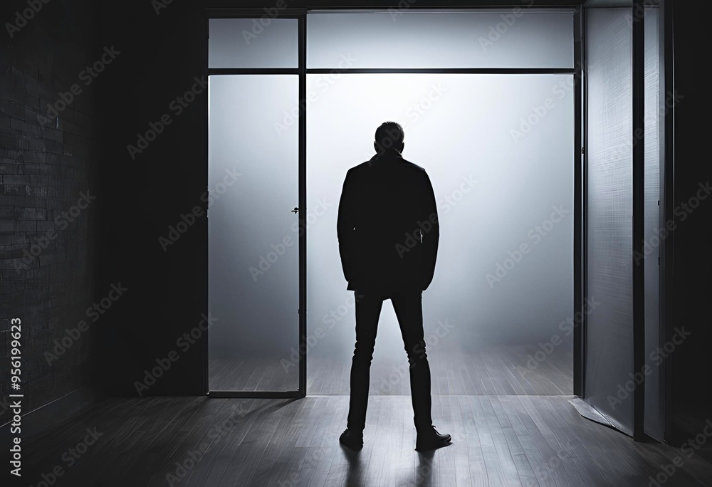 Fototapeta premium 暗い部屋で孤独を感じている男性の後ろ姿