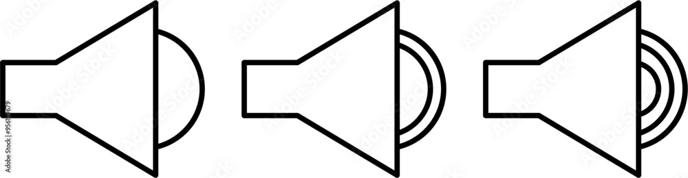 Minimalist Sound Icon with Three Variations, Ideal for Audio Controls, Media Interface Design, Volume Control Symbols, and Digital User Interface Elements Minimalist Sound Icon with Three Variations, Ideal for Audio Controls, Media Interface Design, Volume Control Symbols, and Digital User Interface Elements