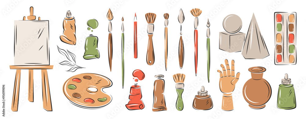 Big set of art supplies, tools, creative hobby accessories. Paint palettes, brushes, pen, canvas. Vector illustrations isolated on white background Big set of art supplies, tools, creative hobby accessories. Paint palettes, brushes, pen, canvas. Vector illustrations isolated on white background