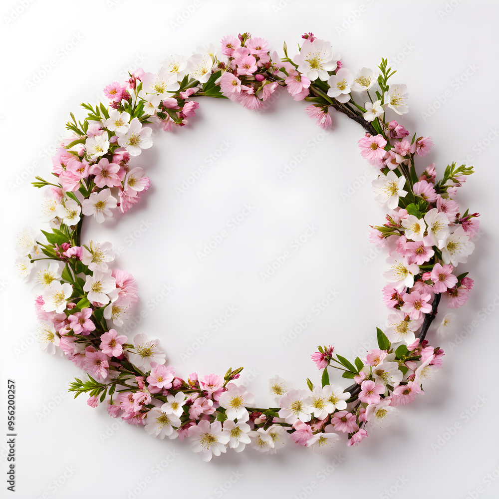 Round wreath of sakura flowers on white background. Flat lay, top view. Round wreath of sakura flowers on white background. Flat lay, top view.