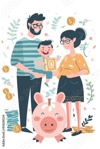 Smart parents planning child care expenses with baby piggybank and teether, budgeting savings for new family member