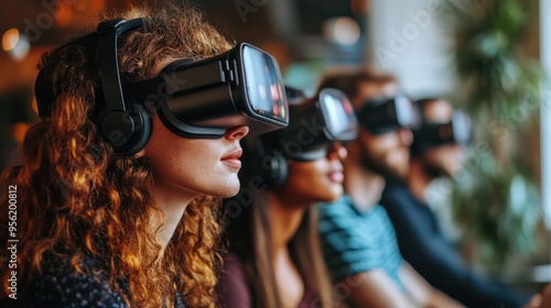 A group of professionals engaged in a virtual reality teambuilding exercise, experiencing new ways to collaborate.