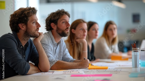 A group of professionals participating in a design thinking session, sketching and sharing innovative ideas.