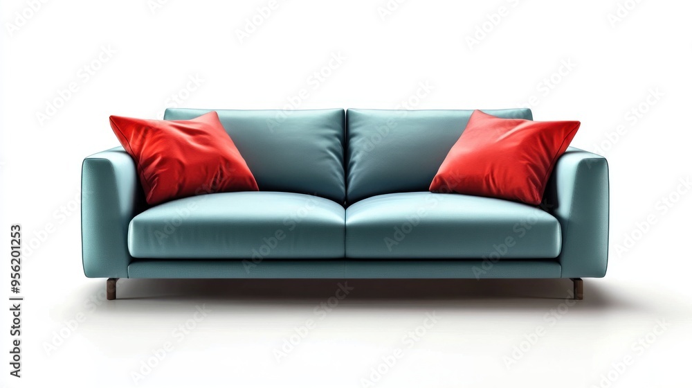 Fototapeta premium Chic modern italian sofa with pillow and angular wooden legs isolated on white background. suitable for product photo