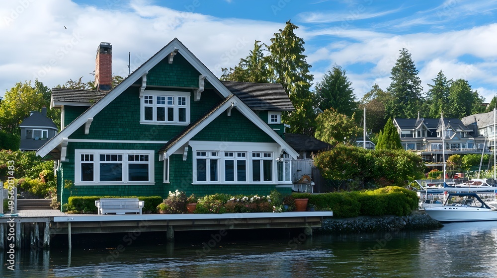 Fototapeta premium a green Craftsman-style house with white trim, on the water in Vancouver's Wharf, British Columbia