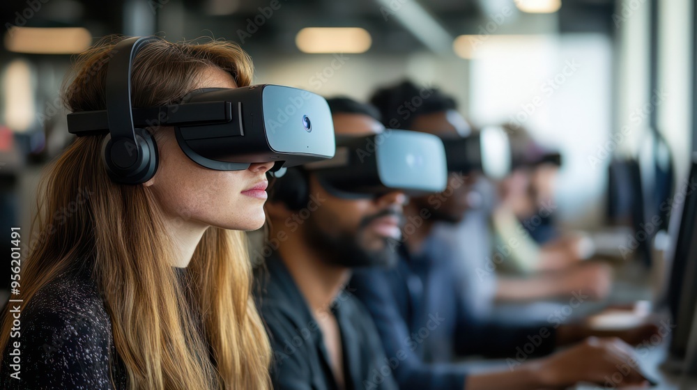 A group of professionals using a virtual reality setup to explore new collaboration methods in a cutting-edge tech environment. A group of professionals using a virtual reality setup to explore new collaboration methods in a cutting-edge tech environment.