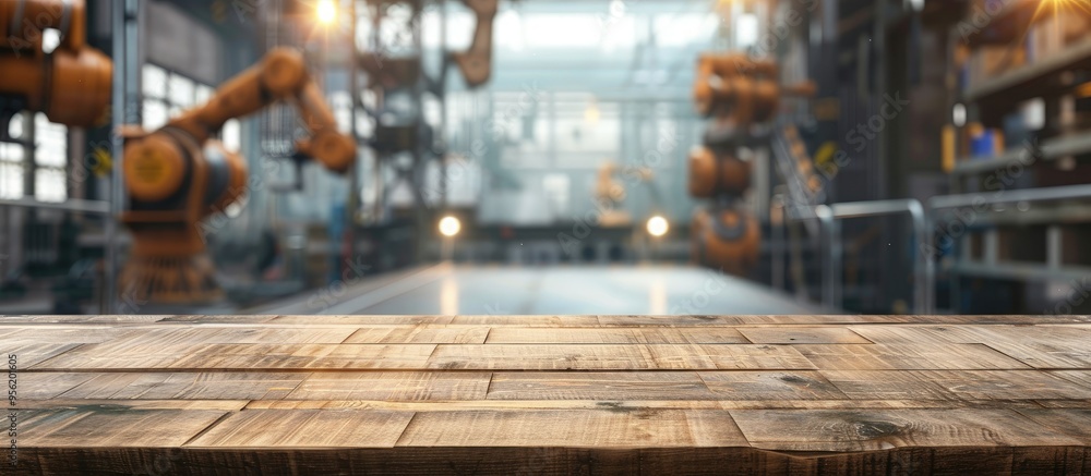 Wooden table with a blurred factory backdrop showing robotic arms offering ample copy space for showcasing products alongside the robotic setting Wooden table with a blurred factory backdrop showing robotic arms offering ample copy space for showcasing products alongside the robotic setting