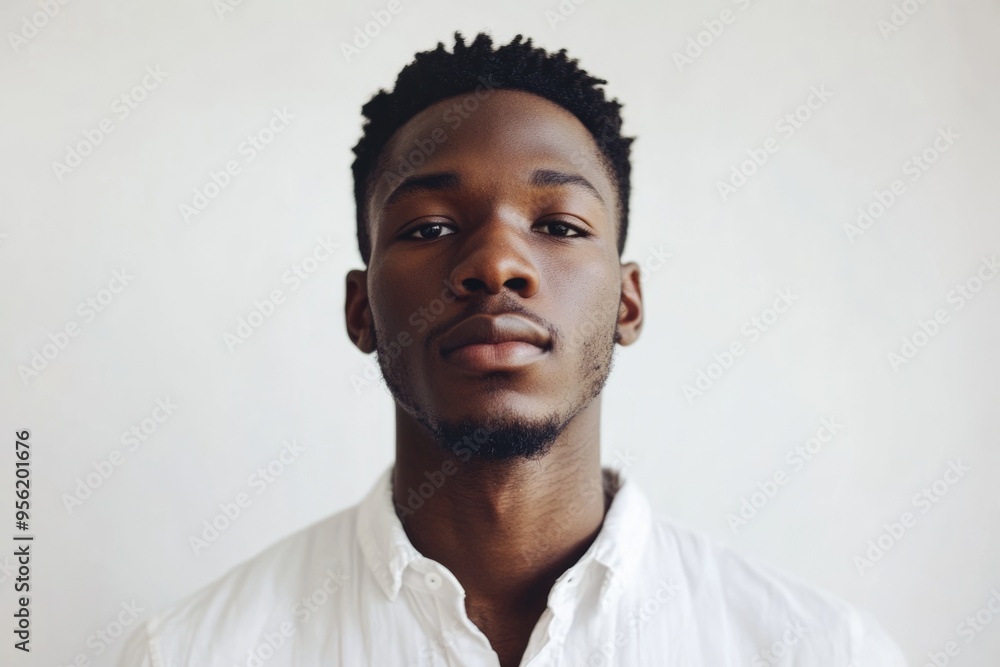 Obraz premium Close up portrait of young african american man standing against white wall