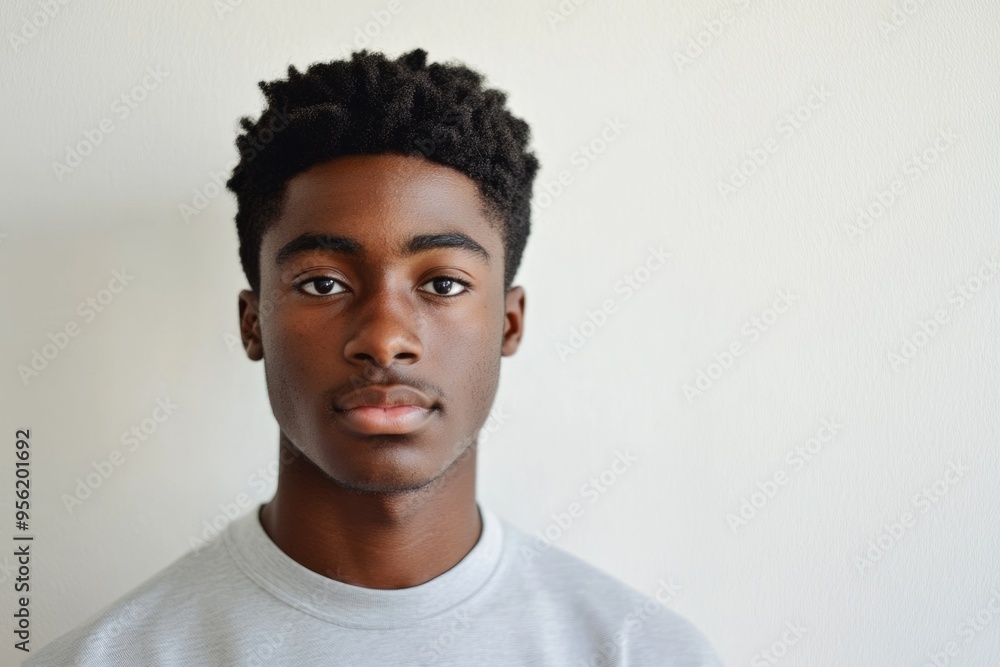 Close up portrait of young african american man standing against white wall Close up portrait of young african american man standing against white wall