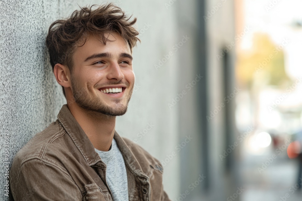 Close up side portrait of smiling handsome man leaning on wall outside Close up side portrait of smiling handsome man leaning on wall outside