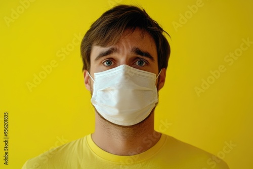 American man in quarantine wears protective facial mask in photo.