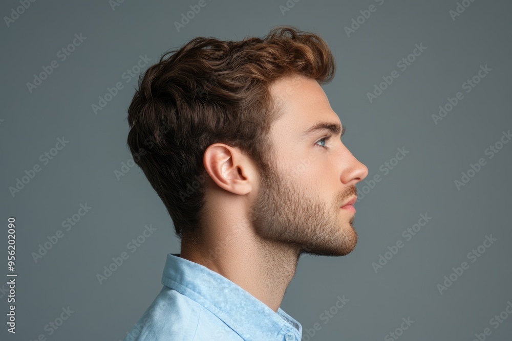 Fototapeta premium Half faced portrait of handsome guy in blue shirt on grey background