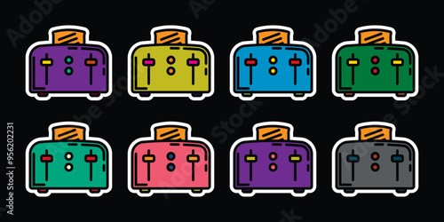 Original vector icon set in vintage style. An electrical appliance designed for quickly toasting flat pieces of bread. Toaster.