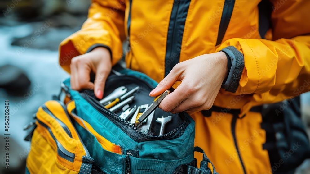 A person adding a small toolset to an emergency bag, highlighting the importance of having tools for various emergency repairs. A person adding a small toolset to an emergency bag, highlighting the importance of having tools for various emergency repairs.