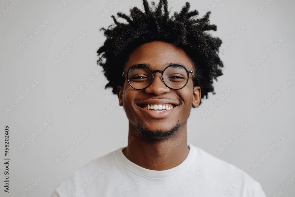 Happy young student with Afro laughing at camera.