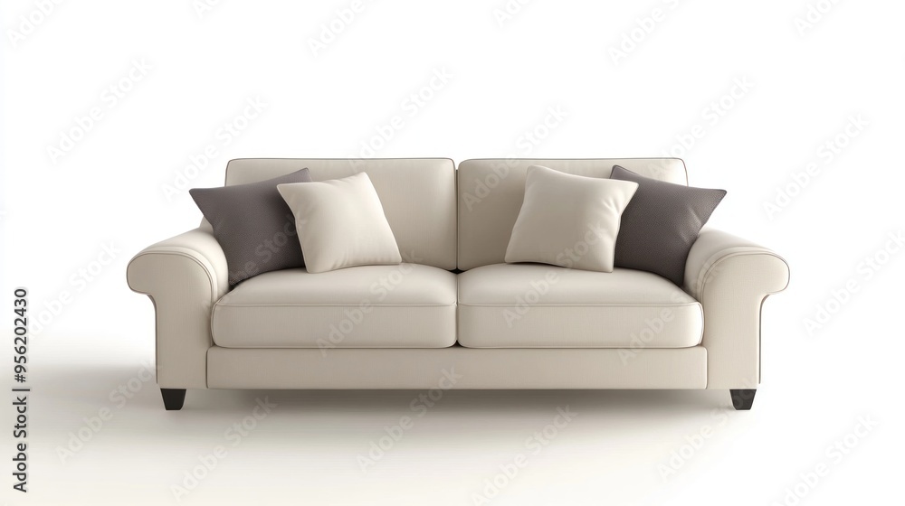 Chic modern italian sofa with pillow and angular wooden legs isolated on white background. suitable for product photo Chic modern italian sofa with pillow and angular wooden legs isolated on white background. suitable for product photo