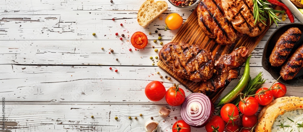 Top view of summer BBQ or picnic food on a white wood banner background with copy space image Top view of summer BBQ or picnic food on a white wood banner background with copy space image