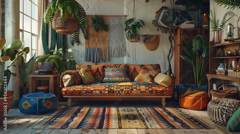 A charming boho-style living room mockup with relaxed, cozy furnishings, vibrant patterns, and a warm, inviting atmosphere, shown in realistic HD detail A charming boho-style living room mockup with relaxed, cozy furnishings, vibrant patterns, and a warm, inviting atmosphere, shown in realistic HD detail