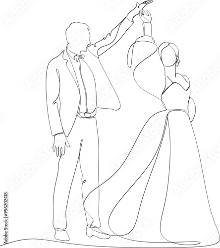 Single one line drawing of happy cute married men and women dancing on the floor in party park. Romantic young wedding couple holding hands and spinning around.