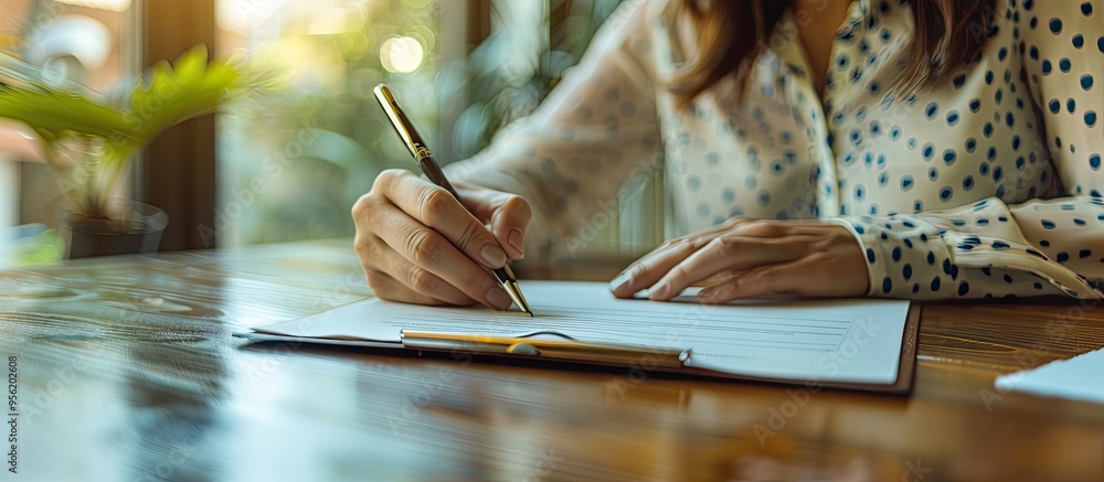 Obraz premium An experienced woman working from home while signing insurance documents on a clipboard with copy space image