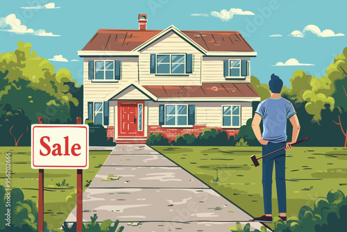 Home Owner Hammering "For Sale" Sign in Front of House, Preparing to Move to New Home