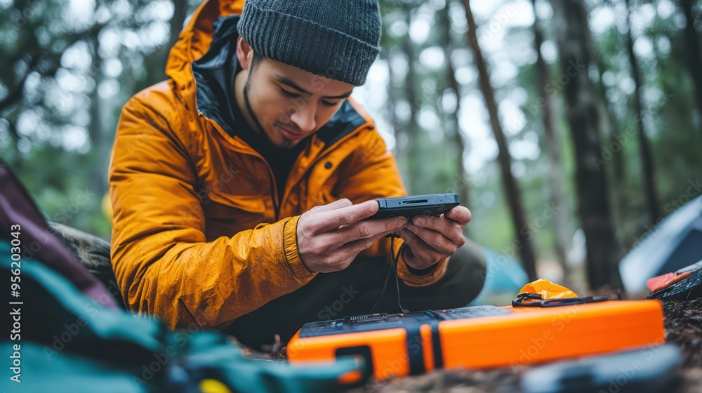 Fototapeta premium A person checking the battery levels on a portable charger from an emergency kit, ensuring devices can stay powered during outages.