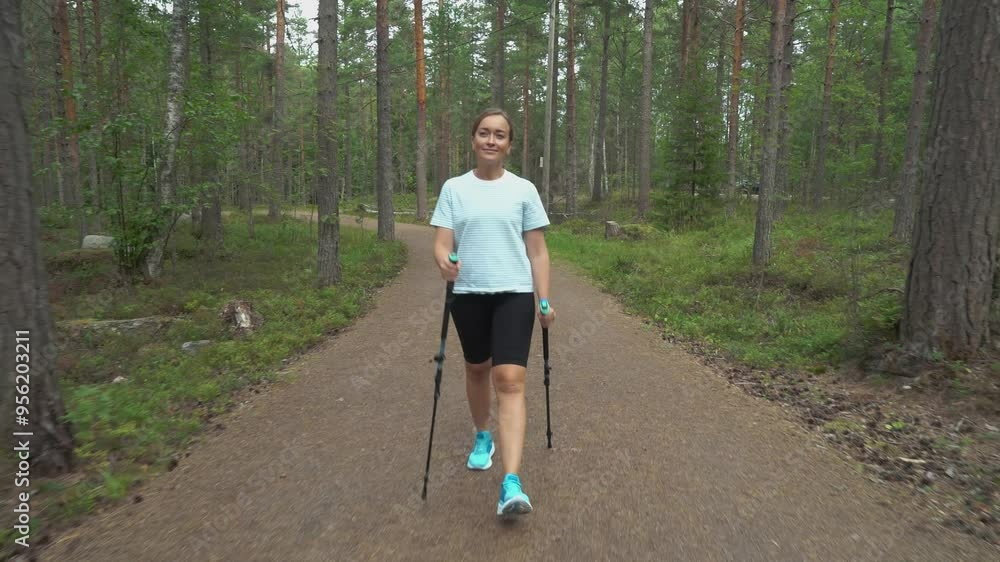 Active woman doing Nordic walking in a national park in Finland, doing sports in the park, staying fit by exercising Active woman doing Nordic walking in a national park in Finland, doing sports in the park, staying fit by exercising