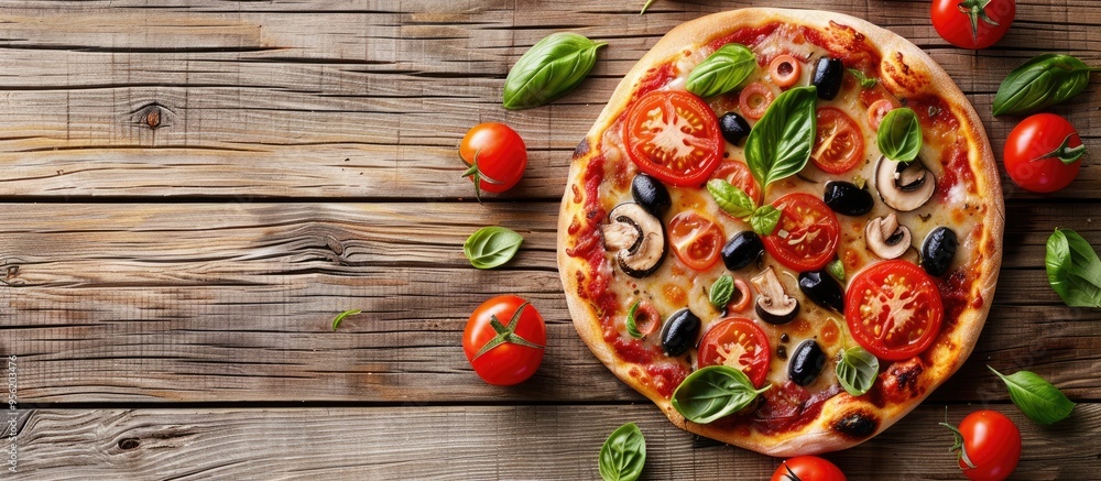 Flat lay of a delectable pizza topped with tomatoes mushrooms black olives and basil on a wooden surface providing copy space image Flat lay of a delectable pizza topped with tomatoes mushrooms black olives and basil on a wooden surface providing copy space image